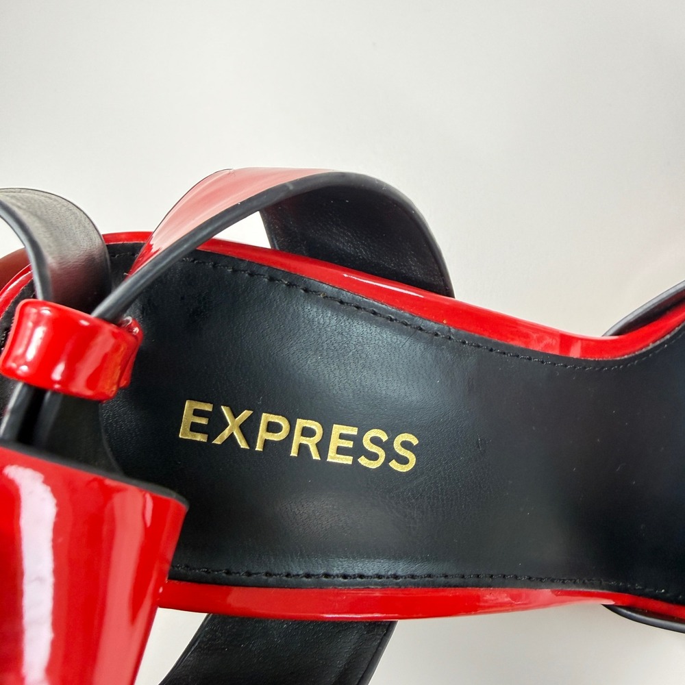 Express Womens Size 7 Red Patent Grommet Ankle Strap Chunky High Heel Sandals - Picture 11 of 13